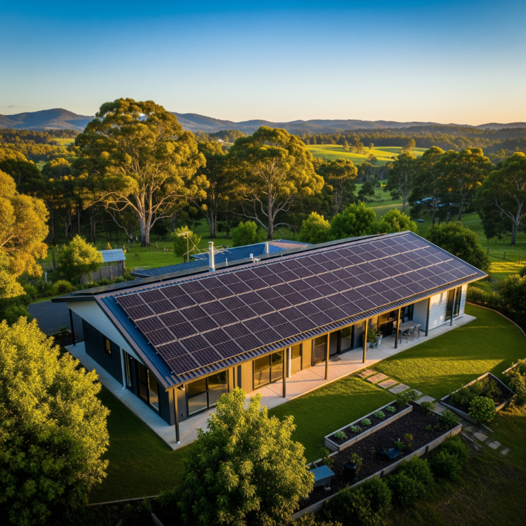 Vista aérea de instalación de paneles solares en vivienda chilena, tomada con dron