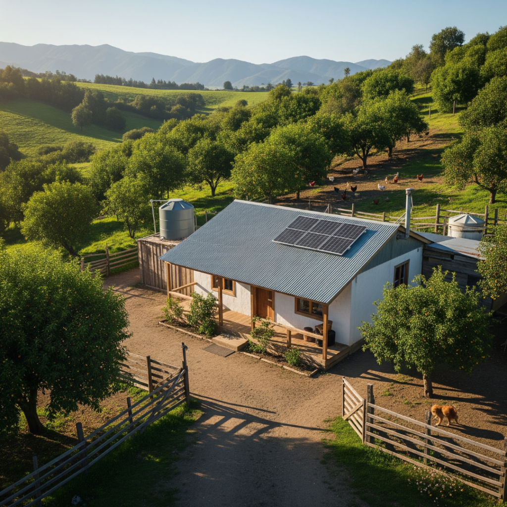 Cabaña rural en el sur de Chile con sistema de energía solar fotovoltaica instalado